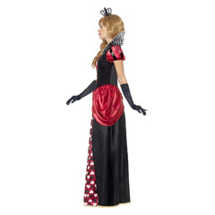 Royal red queen ladies long costume, black bodice and skirt, heart panel in bodice and skirt, red satin epalum, high collar.  Black foam crown.