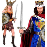 Two people in costume, one with a warrior outfit and shield, the other with a king's outfit and crown, holding swords.