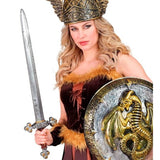 Woman in warrior costume with sword and shield featuring a dragon emblem on a white background