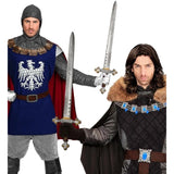 Two men in medieval costumes holding swords on a white background
