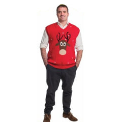 Adult Rudolph Christmas vest featuring festive reindeer design for Christmas parties and Christmas in July celebrations.