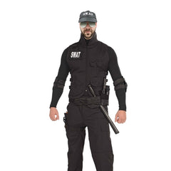 Man wearing a black SWAT tactical vest costume with functional pockets and adjustable straps