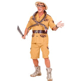 Man wearing Safari Costume with tan shirt, shorts and leopard print details