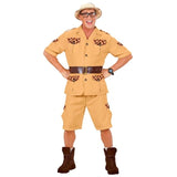 Men's Safari Costume with tan shirt, shorts and belt – front view