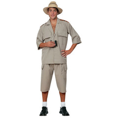 Adult safari explorer costume with short sleeve shirt and cropped pants jungle outfit