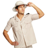 Close-up of safari explorer costume showing pockets and explorer shirt details