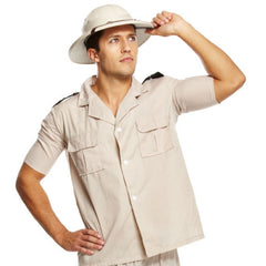 Mens safari explorer costume with khaki shirt and explorer shorts