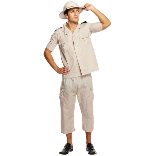 Mens safari explorer costume with khaki shirt and explorer shorts