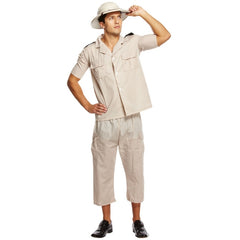 Mens safari explorer costume with khaki shirt and explorer shorts