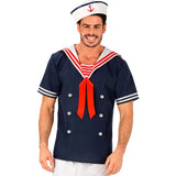 Sailor costume with short sleeve shirt, sailor collar, and matching white hat.