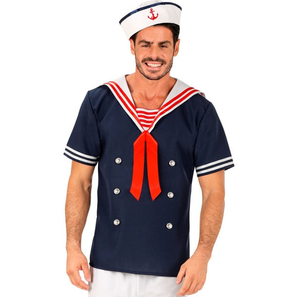 Sailor costume with short sleeve shirt, sailor collar, and matching white hat.