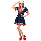 Women's Sailor Dress Costume front view with navy dress, red trim and sailor hat