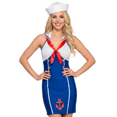 Adult sailor girl costume showing blue and white figure-hugging dress with red trim, sailor collar and matching hat
