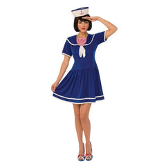 sailor lady costume, adult, navy blue with sailor collar and hat.
