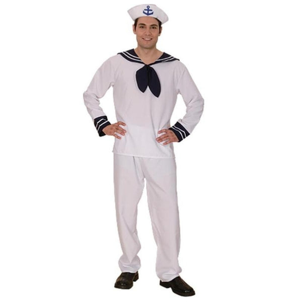 Adult sailor costume with white shirt, navy collar and sailor hat