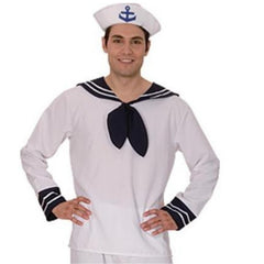 Adult sailor costume with white shirt, navy collar and sailor hat