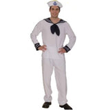 Sailor Man costume in white with navy collar and cuffs and gob hat with anchor.