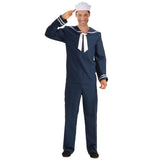 Sailor Men's Costume showing the navy pants, navy shirt with sailor collar, and white gob hat from an alternate angle, highlighting the traditional naval style.