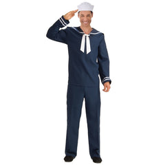 Sailor Men's Costume showing the navy pants, navy shirt with sailor collar, and white gob hat from an alternate angle, highlighting the traditional naval style.