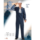 Sailor Men's Costume from Dr Toms featuring navy pants, a matching navy shirt with a traditional sailor collar, and a classic white gob hat for a nautical-themed look.