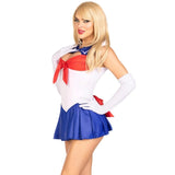 person modelling cartoon sailor costume with anime style pose from side and white gloves on white background