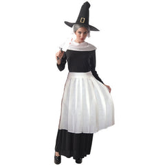 Ladies Salem Witch Costume with black dress, white apron, collar and pointed witch hat
