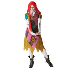 Adult Sally Finkelstein costume with patchwork dress, red wig and glovelets