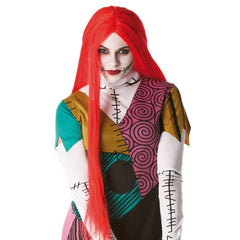Adult Sally Finkelstein costume with patchwork dress, red wig and glovelets