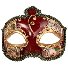 Men’s red and gold Venetian masquerade mask with embossed gondola and music designs, trimmed with braid and satin ribbons 