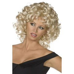 Curly blonde wig inspired by Sandy's iconic last scene look in the movie Grease, featuring voluminous, bouncy curls for a retro, glam finish.
