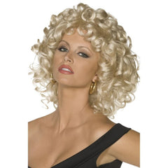 Curly blonde wig inspired by Sandy's iconic last scene look in the movie Grease, featuring voluminous, bouncy curls for a retro, glam finish.