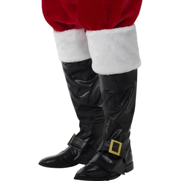 Santa boot covers with white fur trim and buckle detail – Christmas costume accessory