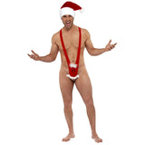 Santa Christmas mankini with printed smiley face and fluffy tuft beard detail – novelty festive costume