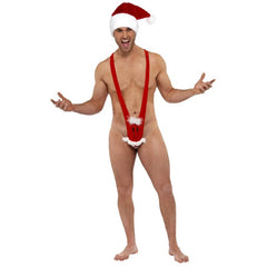 Santa Christmas mankini with printed smiley face and fluffy tuft beard detail – novelty festive costume
