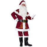 Velour santa claus costume includes long coat with gold detail and mini cape.