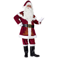 Santa Claus deluxe costume with red velour coat, capelet, pants, belt and boot covers