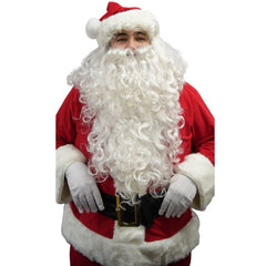 Person wearing a Santa Claus costume with a white beard on a white background