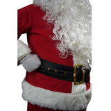 Close-up of a Santa Claus costume with red suit, white beard, and black belt.