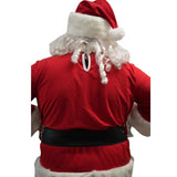 Back view of a Santa Claus costume with red shirt, black belt, and white beard.