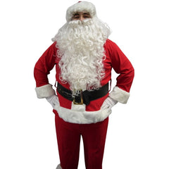 Person wearing a Santa Claus costume with a white beard on a white background