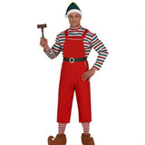 Santa Helper adult costume, red 3/4 length overalls, stripe shirt and elf hat.