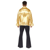 Back view of satin ruffle gold shirt, wide collar and puffy sleeves.
