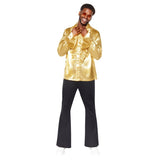 Men’s gold satin ruffle shirt for 70s disco and 80s costumes