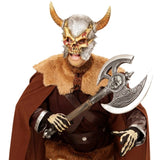 Saurion Horned Skull Full Head Mask Worn with Fantasy Warrior Costume and Axe