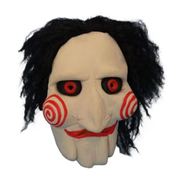 Saw Jigsaw Puppet Mask, open back mask with hair, Halloween classic.
