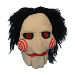Saw Jigsaw Puppet Mask, open back mask with hair, Halloween classic.