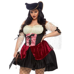 Woman in a pirate costume with a red and black dress and a hat on a white background