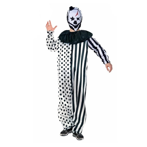 Adult Scary Black & White Clown Costume with jumpsuit, frill, and mask – Halloween creepy circus outfit