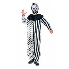 Adult Scary Black & White Clown Costume with jumpsuit, frill, and mask – Halloween creepy circus outfit
