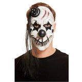 Scary Clown Latex Mask, white with black stars over eyes and mini top hat.